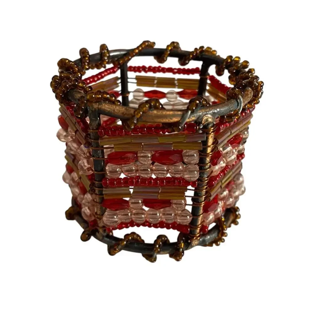 Pier 1 Beaded Napkin Rings Set of 8 Red Copper Moroccan Boho Table Decor